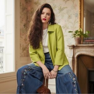 Talbots Pure Irish Linen Open Front Blazer Lime Green Size M Petite